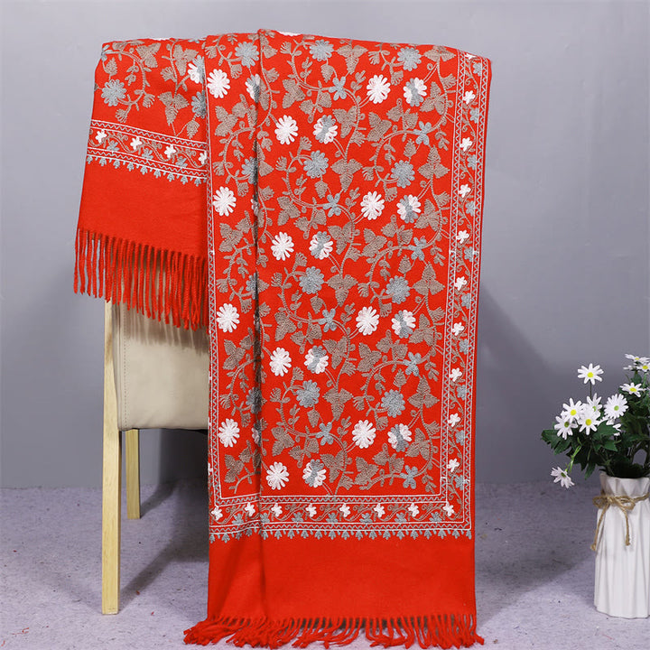 Châle en polyester avec Buddha Stones et fleurs de cajou brodées à pompons pour l'hiver - OrangeRouge - 200 x 70 cm - image 10