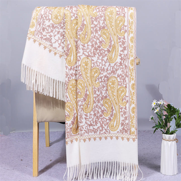 Châle en rayonne brodé de fleurs de noix de cajou dorées et de pompons, orné de Buddha Stones. Écharpe de voyage chaude et confortable pour l'hiver. - Blanc - 200 x 70 cm - image 3
