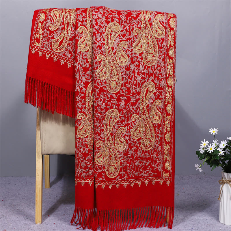 Châle en rayonne brodé de fleurs de noix de cajou dorées et de pompons, orné de Buddha Stones. Écharpe de voyage chaude et confortable pour l'hiver. - FireBrick - 200 x 70 cm - image 1