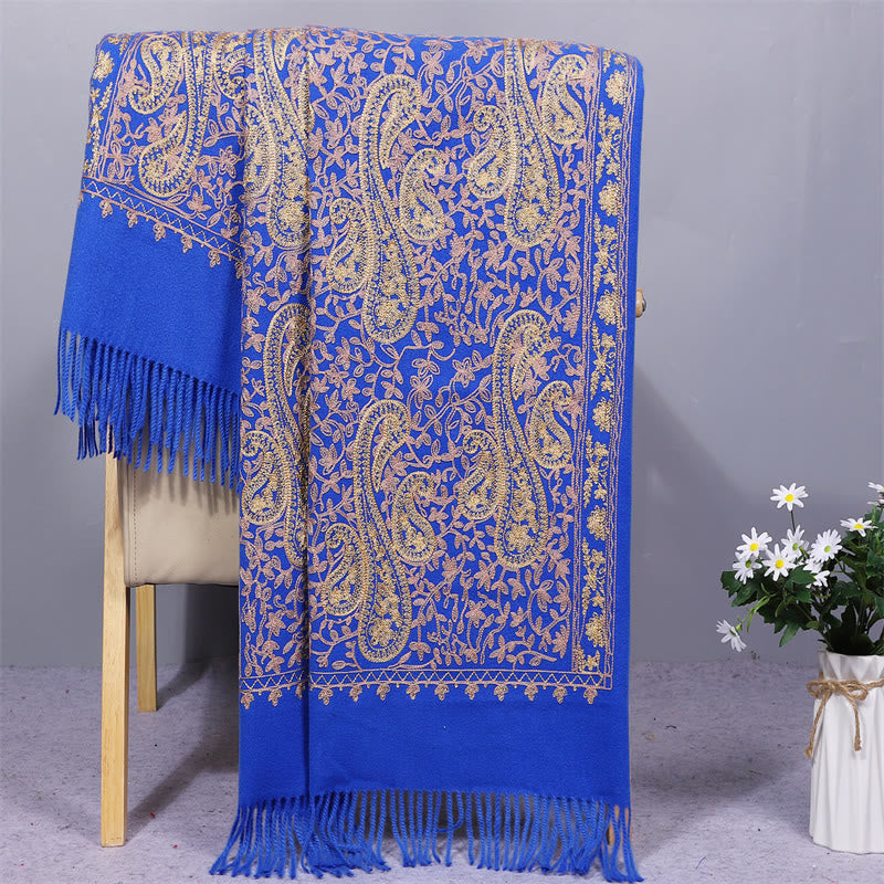 Châle en rayonne brodé de fleurs de noix de cajou dorées et de pompons, orné de Buddha Stones. Écharpe de voyage chaude et confortable pour l'hiver. - Bleu royal - 200 x 70 cm - image 6