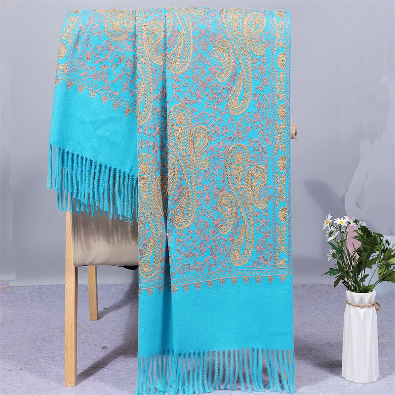 Châle en rayonne brodé de fleurs de noix de cajou dorées et de pompons, orné de Buddha Stones. Écharpe de voyage chaude et confortable pour l'hiver. - Bleu ciel clair - 200 x 70 cm - image 11