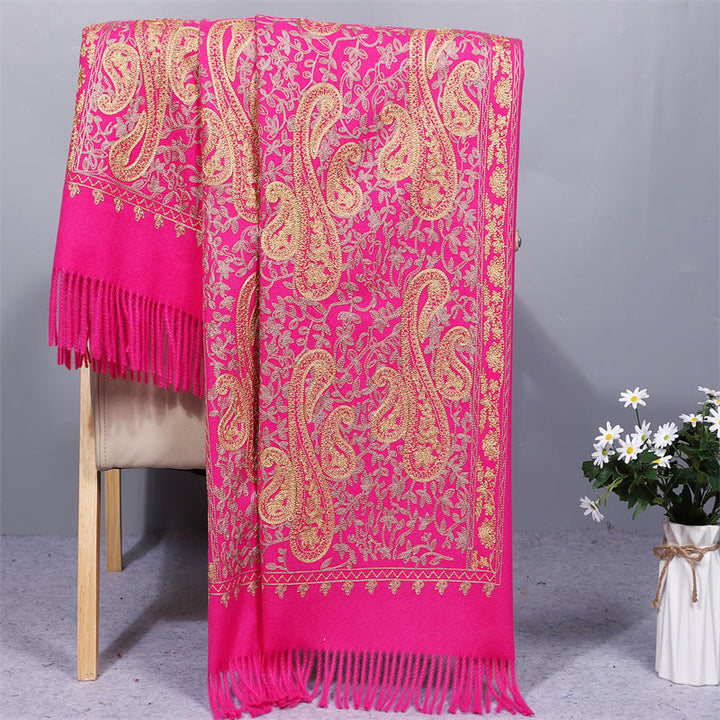 Châle en rayonne brodé de fleurs de noix de cajou dorées et de pompons, orné de Buddha Stones. Écharpe de voyage chaude et confortable pour l'hiver. - Rose foncé - 200 x 70 cm - image 10