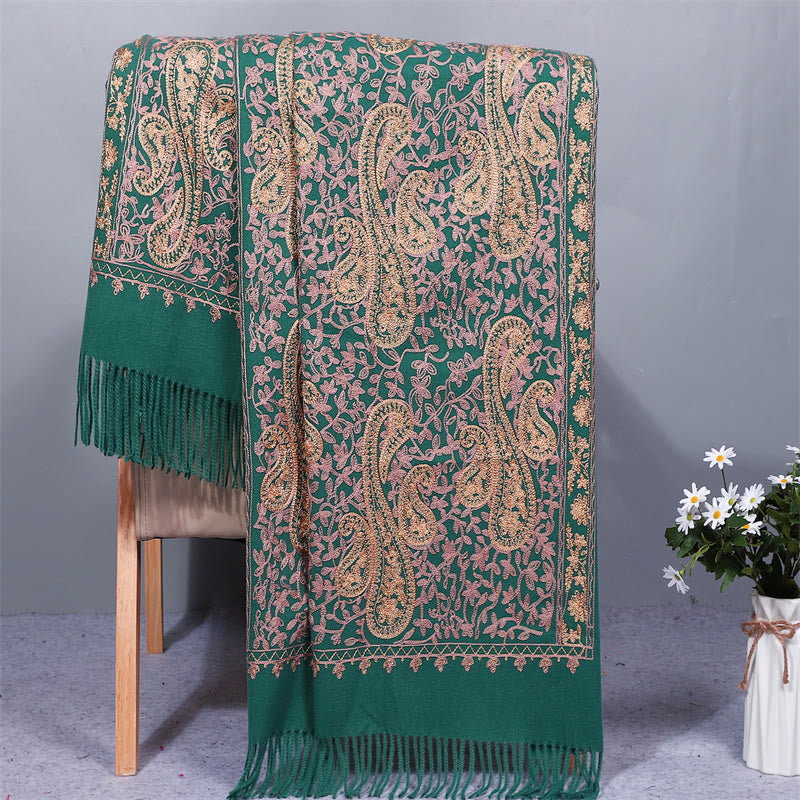 Châle en rayonne brodé de fleurs de noix de cajou dorées et de pompons, orné de Buddha Stones. Écharpe de voyage chaude et confortable pour l'hiver. - Sarcelle - 200 x 70 cm - image 0