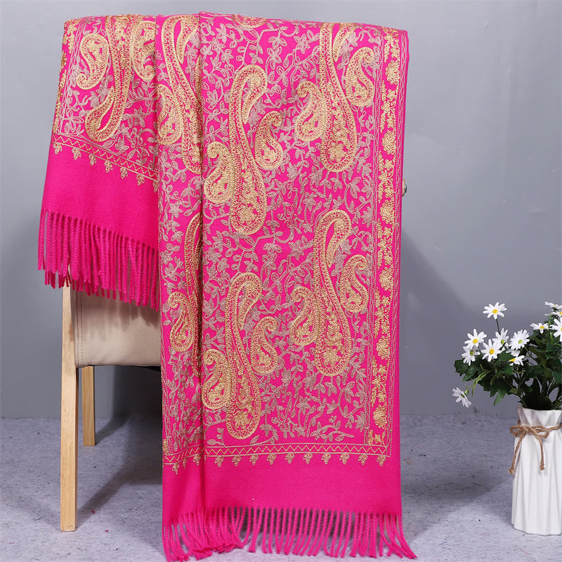 Châle en rayonne brodé de fleurs de noix de cajou dorées et de pompons, orné de Buddha Stones. Écharpe de voyage chaude et confortable pour l'hiver. - Rose foncé - 200 x 70 cm - image 10