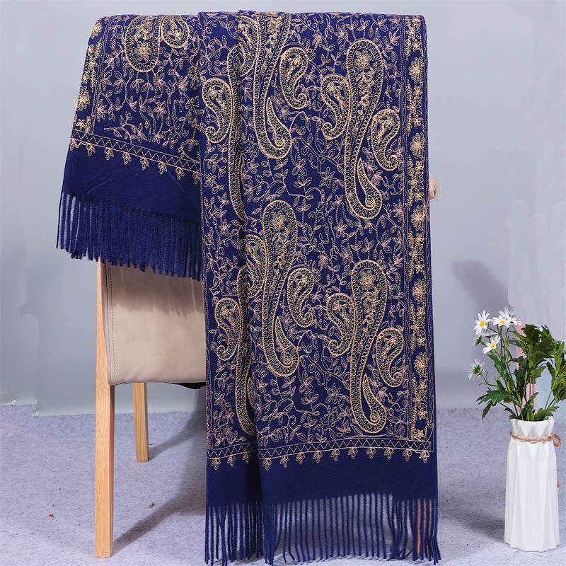 Châle en rayonne brodé de fleurs de noix de cajou dorées et de pompons, orné de Buddha Stones. Écharpe de voyage chaude et confortable pour l'hiver. - Marine - 200 x 70 cm - image 5