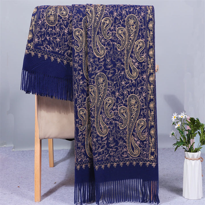 Châle en rayonne brodé de fleurs de noix de cajou dorées et de pompons, orné de Buddha Stones. Écharpe de voyage chaude et confortable pour l'hiver. - Marine - 200 x 70 cm - image 5