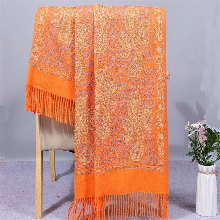 Châle en rayonne brodé de fleurs de noix de cajou dorées et de pompons, orné de Buddha Stones. Écharpe de voyage chaude et confortable pour l'hiver. - Orange - 200 x 70 cm - image 9