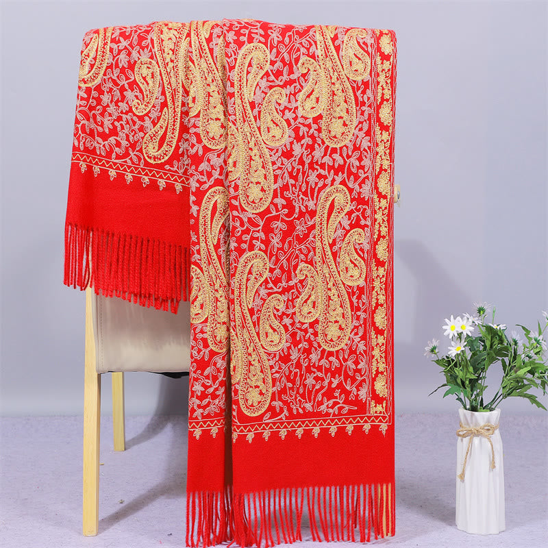 Châle en rayonne brodé de fleurs de noix de cajou dorées et de pompons, orné de Buddha Stones. Écharpe de voyage chaude et confortable pour l'hiver. - OrangeRouge - 200 x 70 cm - image 8