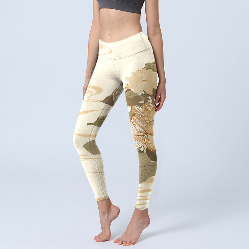 Leggings de fitness en tissu lycra beige à imprimé fleur de lotus Buddha Stones pour femmes - Beige - US18，UK/AU22，EU50 (4XL) - image 0