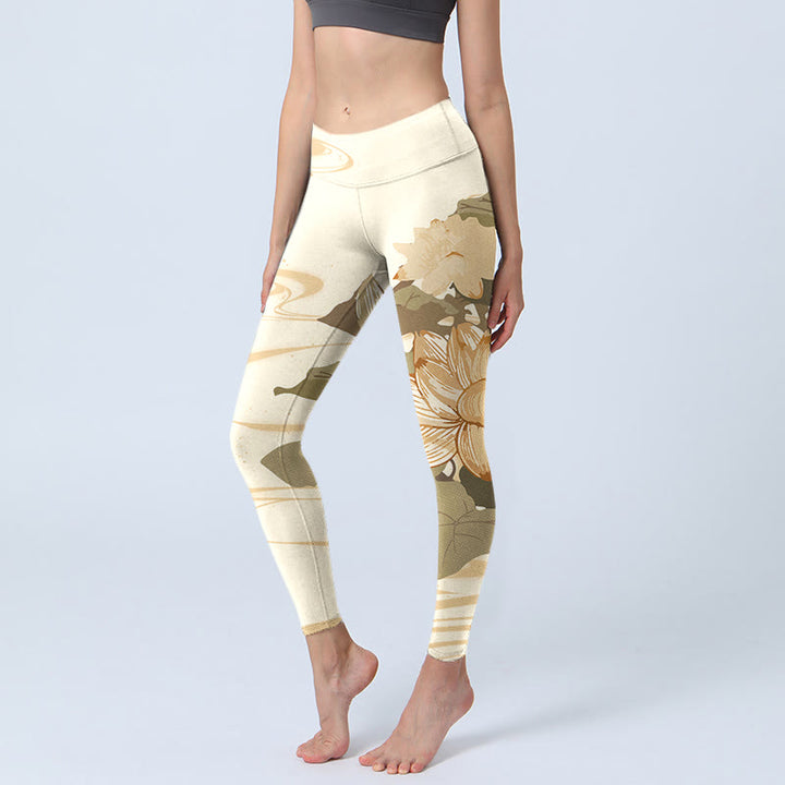 Leggings de fitness en tissu lycra beige à imprimé fleur de lotus Buddha Stones pour femmes - Beige - US18，UK/AU22，EU50 (4XL) - image 1