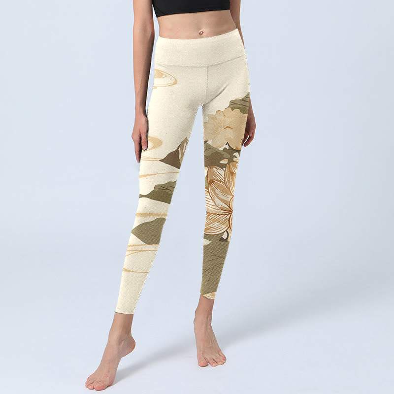 Leggings de fitness en tissu lycra beige à imprimé fleur de lotus Buddha Stones pour femmes - image 6