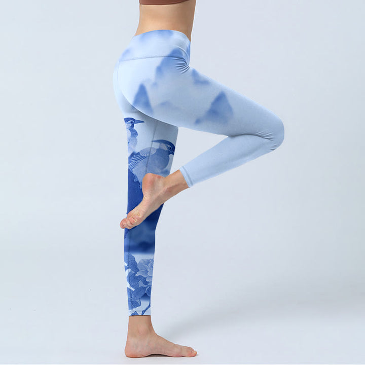Leggings de sport en tissu lycra imprimé pivoine et oiseaux bleus Buddha Stones Pantalon de yoga pour femme - image 4