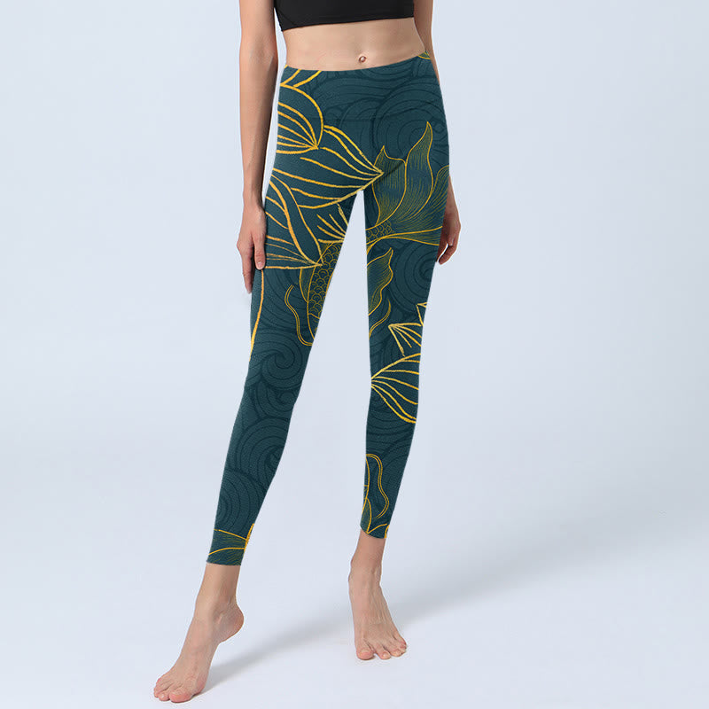 Leggings de sport en tissu lycra imprimé Buddha Stones gris doré Koi Fish Lotus Pantalon de yoga pour femme - image 7