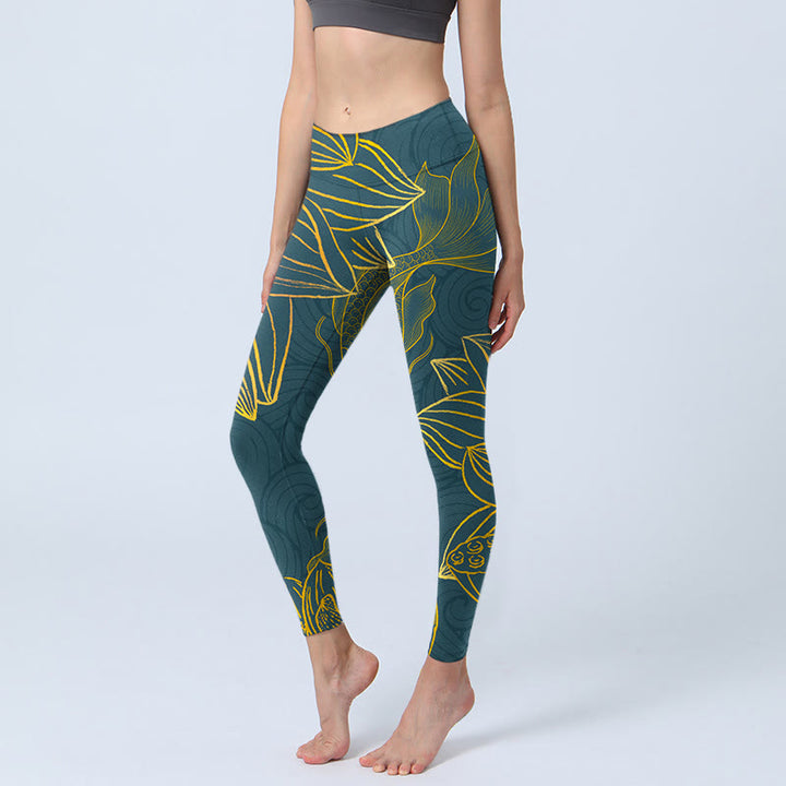 Leggings de sport en tissu lycra imprimé Buddha Stones gris doré Koi Fish Lotus Pantalon de yoga pour femme - CadetBlue - US18，UK/AU22，EU50 (4XL) - image 1