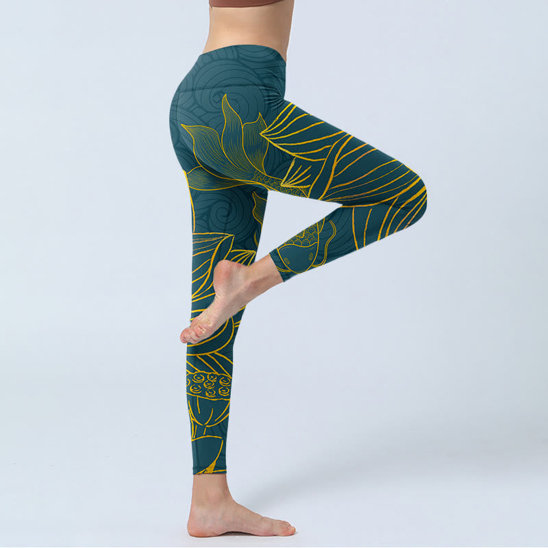 Leggings de sport en tissu lycra imprimé Buddha Stones gris doré Koi Fish Lotus Pantalon de yoga pour femme - image 5