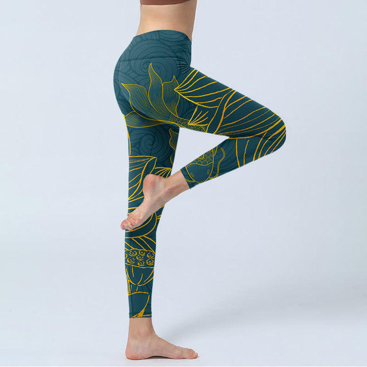 Leggings de sport en tissu lycra imprimé Buddha Stones gris doré Koi Fish Lotus Pantalon de yoga pour femme - image 5