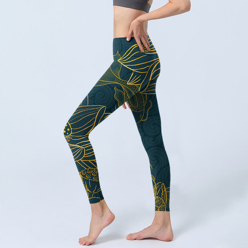 Leggings de sport en tissu lycra imprimé Buddha Stones gris doré Koi Fish Lotus Pantalon de yoga pour femme - image 4