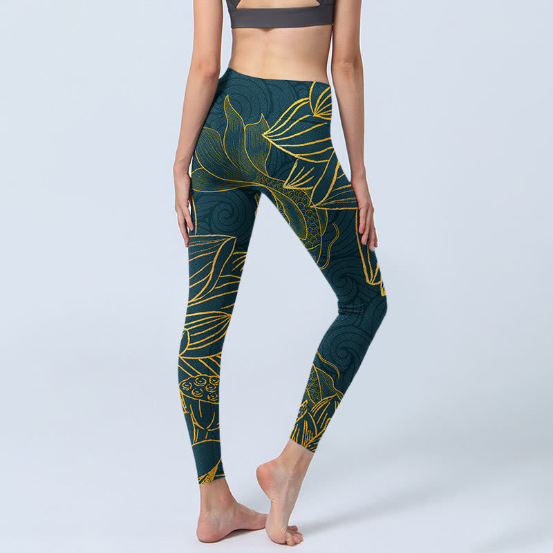 Leggings de sport en tissu lycra imprimé Buddha Stones gris doré Koi Fish Lotus Pantalon de yoga pour femme - image 6