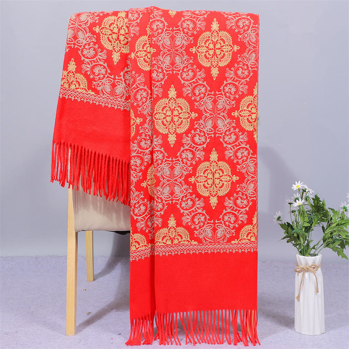 Châle en polyester avec Buddha Stones et broderie en filigrane doré symétrique avec pompon pour l'hiver - Rouge - 200 x 70 cm - image 10