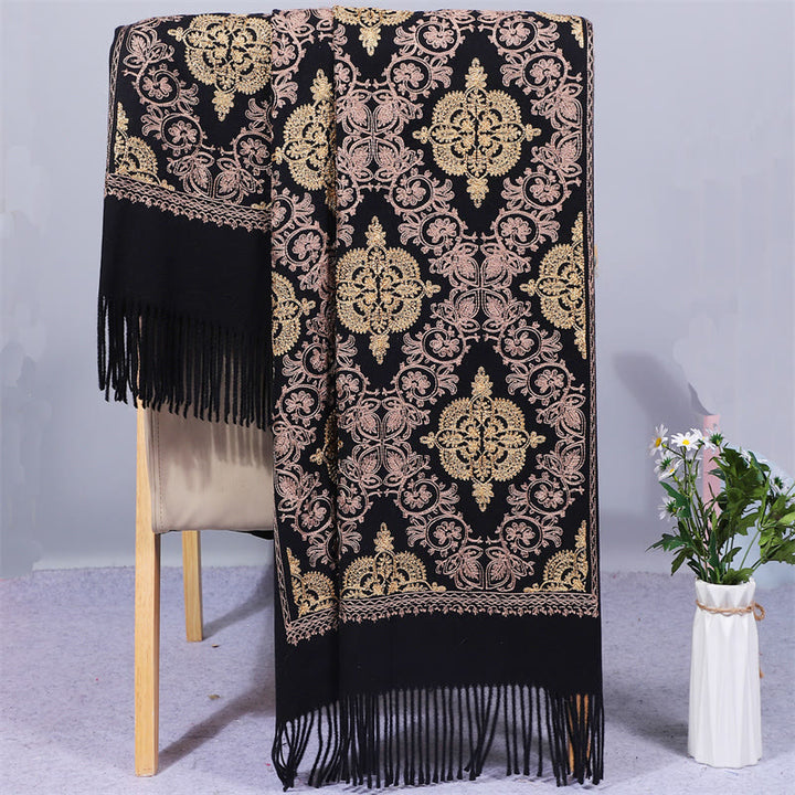 Châle en polyester avec Buddha Stones et broderie en filigrane doré symétrique avec pompon pour l'hiver - Noir - 200 x 70 cm - image 6