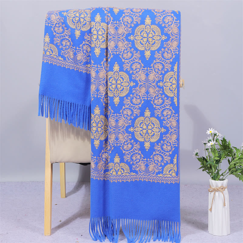 Châle en polyester avec Buddha Stones et broderie en filigrane doré symétrique avec pompon pour l'hiver - Bleu royal - 200 x 70 cm - image 7