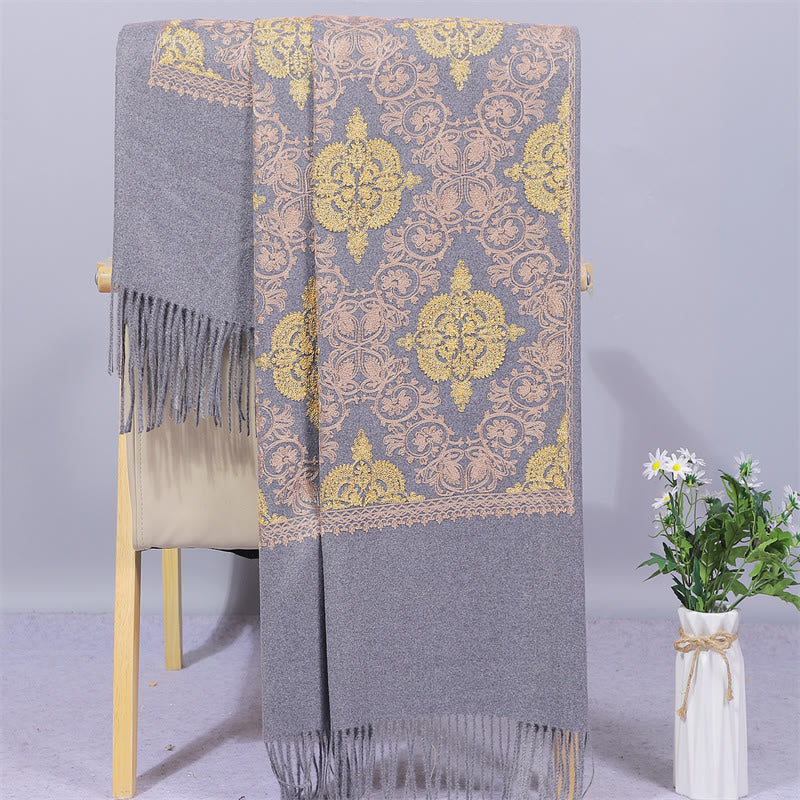 Châle en polyester avec Buddha Stones et broderie en filigrane doré symétrique avec pompon pour l'hiver - Gris foncé - 200 x 70 cm - image 1