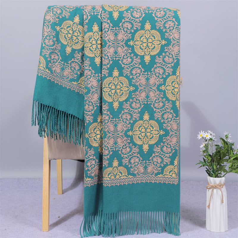 Châle en polyester avec Buddha Stones et broderie en filigrane doré symétrique avec pompon pour l'hiver - DarkCyan - 200 x 70 cm - image 0