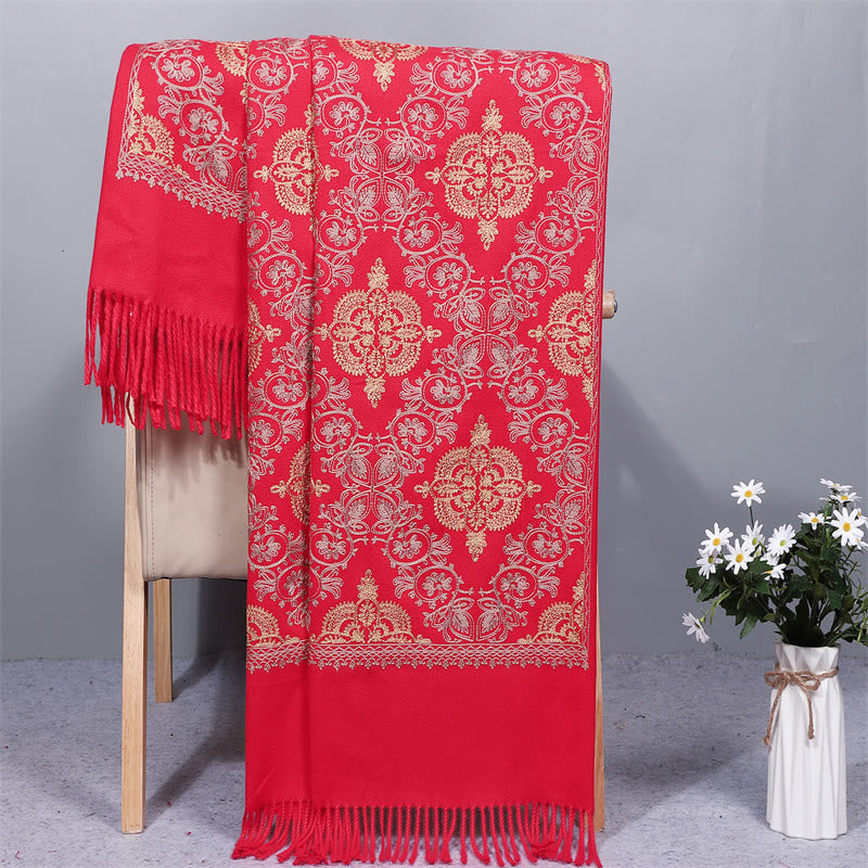 Châle en polyester avec Buddha Stones et broderie en filigrane doré symétrique avec pompon pour l'hiver - FireBrick - 200 x 70 cm - image 9