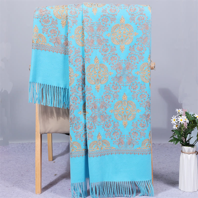 Châle en polyester avec Buddha Stones et broderie en filigrane doré symétrique avec pompon pour l'hiver - Bleu ciel clair - 200 x 70 cm - image 8