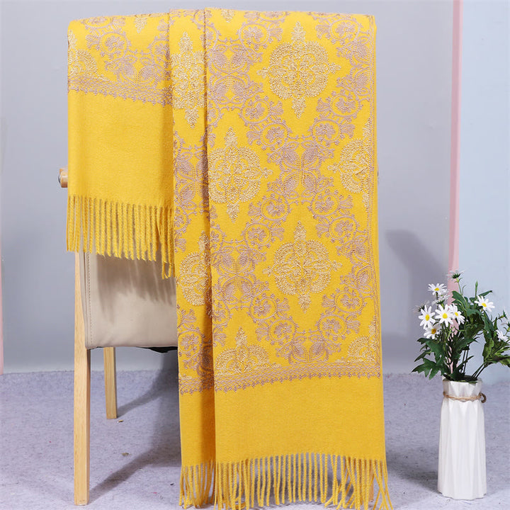 Châle en polyester avec Buddha Stones et broderie en filigrane doré symétrique avec pompon pour l'hiver - Or - 200 x 70 cm - image 5
