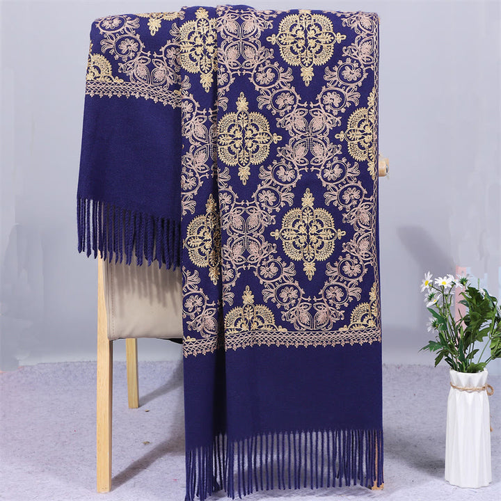 Châle en polyester avec Buddha Stones et broderie en filigrane doré symétrique avec pompon pour l'hiver - Bleu nuit - 200 x 70 cm - image 4