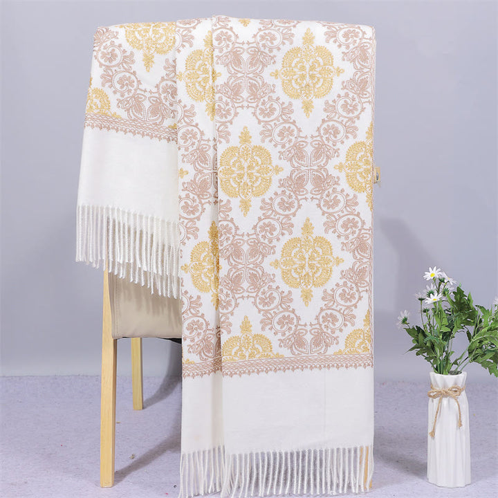 Châle en polyester avec Buddha Stones et broderie en filigrane doré symétrique avec pompon pour l'hiver - Blanc - 200 x 70 cm - image 3