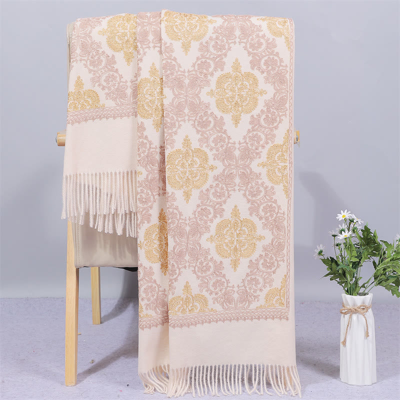 Châle en polyester avec Buddha Stones et broderie en filigrane doré symétrique avec pompon pour l'hiver - Lin - 200 x 70 cm - image 2