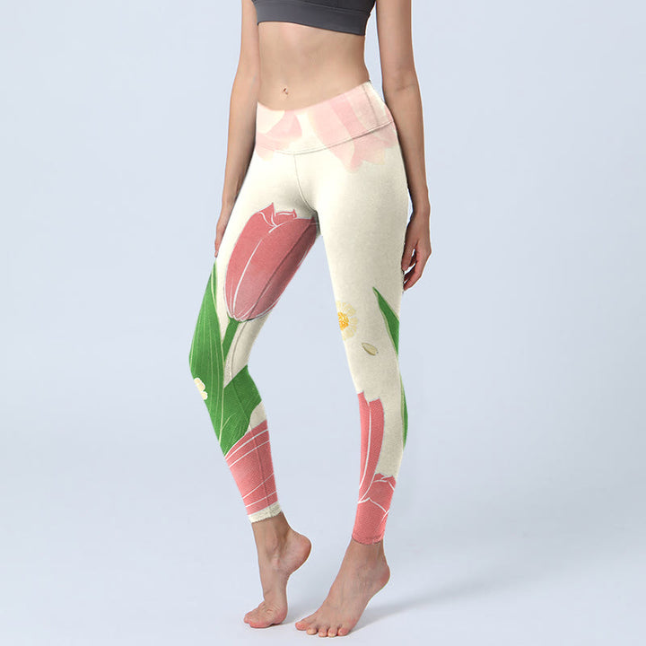 Leggings de fitness en tissu lycra imprimé fleur de tulipe rose Buddha Stones Pantalon de yoga pour femme - Blanc antique - US18，UK/AU22，EU50 (4XL) - image 1