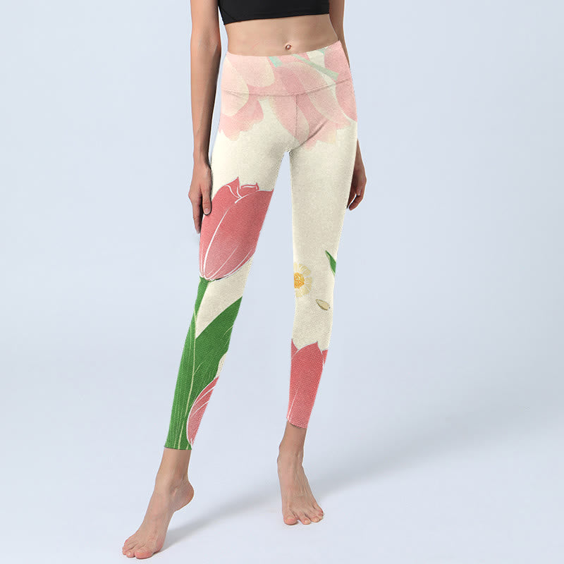 Leggings de fitness en tissu lycra imprimé fleur de tulipe rose Buddha Stones Pantalon de yoga pour femme - image 7