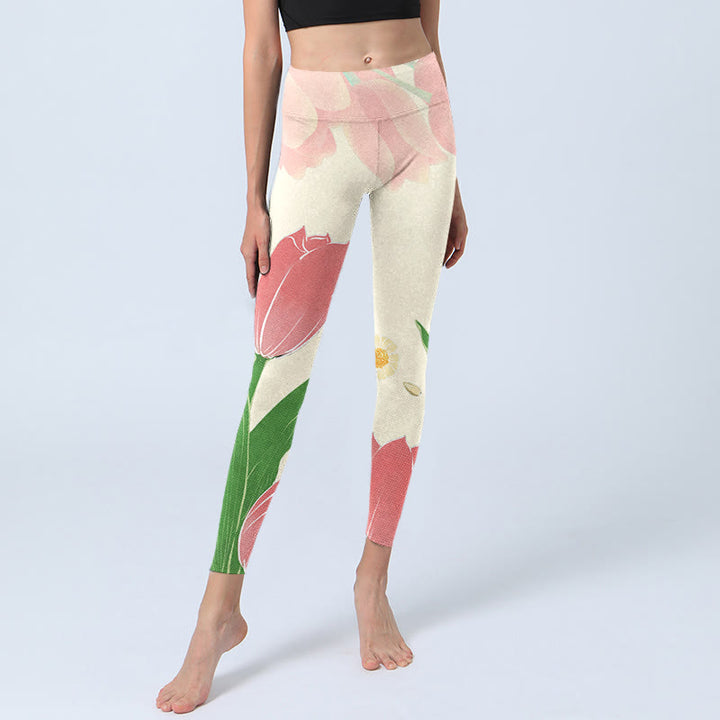 Leggings de fitness en tissu lycra imprimé fleur de tulipe rose Buddha Stones Pantalon de yoga pour femme - image 7