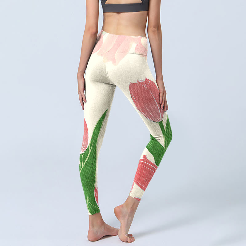 Leggings de fitness en tissu lycra imprimé fleur de tulipe rose Buddha Stones Pantalon de yoga pour femme - image 6