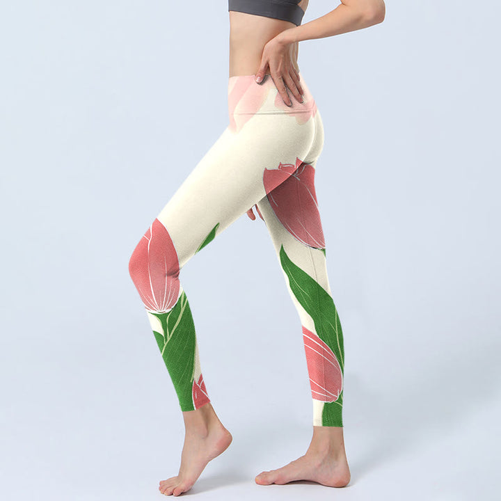 Leggings de fitness en tissu lycra imprimé fleur de tulipe rose Buddha Stones Pantalon de yoga pour femme - image 4