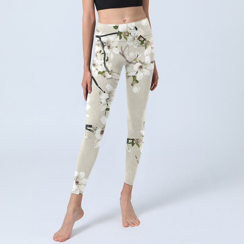 Leggings de sport en lycra à imprimé fleur de magnolia blanc Buddha Stones Pantalon de yoga pour femme - image 5