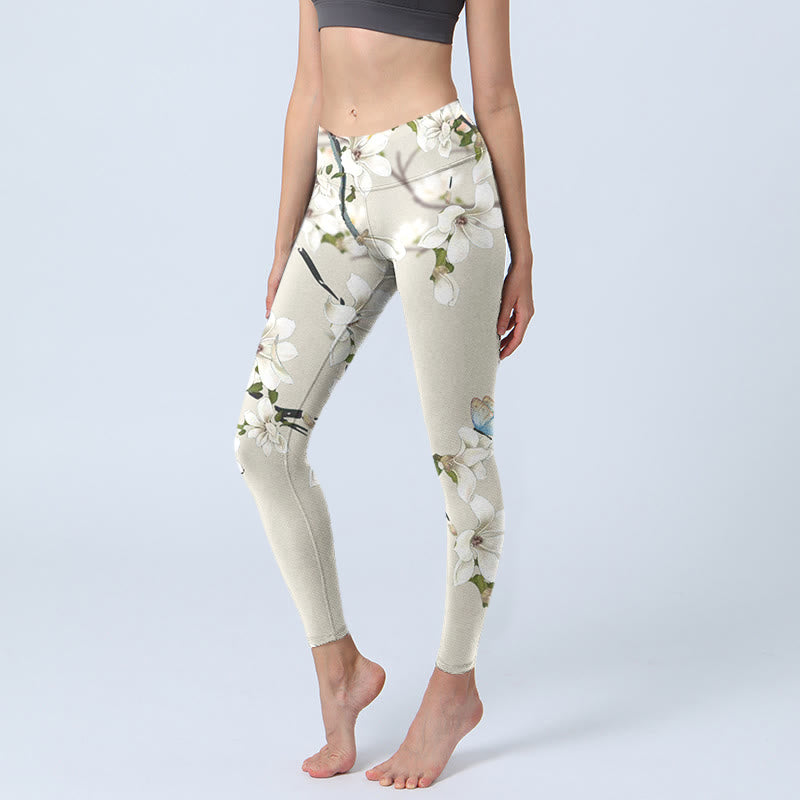 Leggings de sport en lycra à imprimé fleur de magnolia blanc Buddha Stones Pantalon de yoga pour femme - Lin - US18，UK/AU22，EU50 (4XL) - image 1
