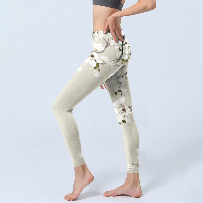 Leggings de sport en lycra à imprimé fleur de magnolia blanc Buddha Stones Pantalon de yoga pour femme - image 3