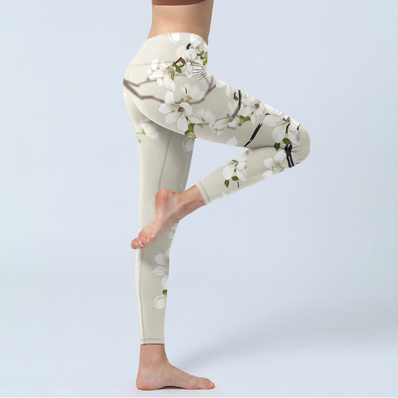 Leggings de sport en lycra à imprimé fleur de magnolia blanc Buddha Stones Pantalon de yoga pour femme - image 4