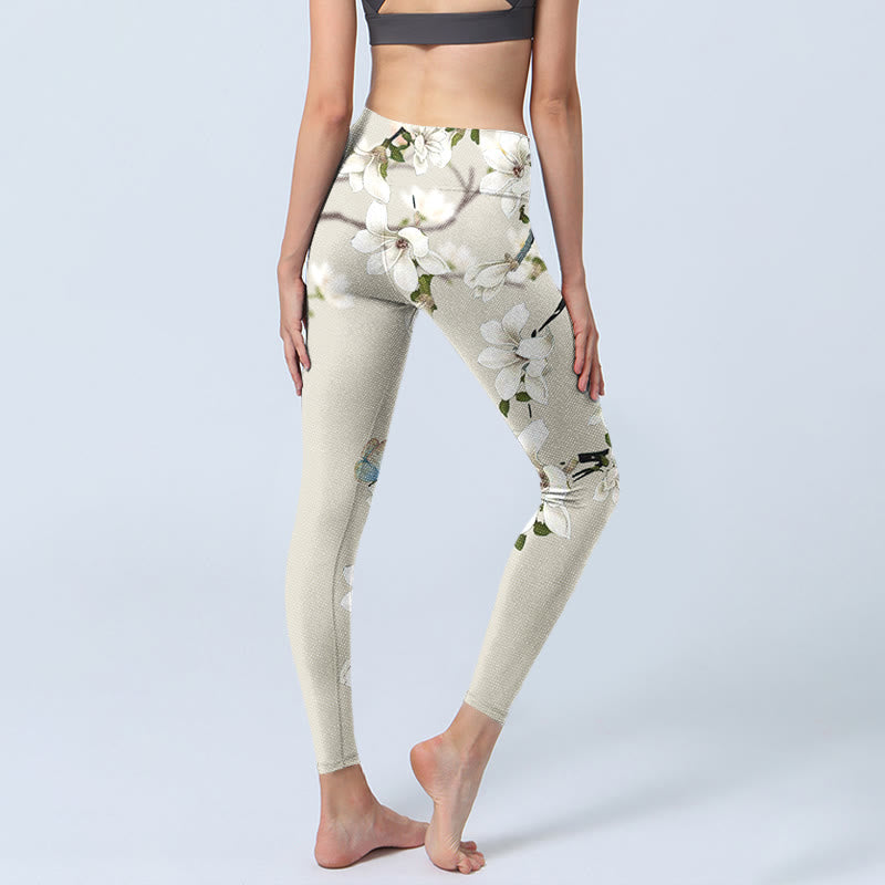 Leggings de sport en lycra à imprimé fleur de magnolia blanc Buddha Stones Pantalon de yoga pour femme - image 4