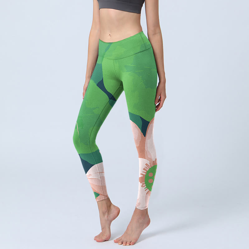 Leggings de sport en lycra imprimé fleur de lotus vert Buddha Stones Pantalon de yoga pour femme - Vert clair - US18，UK/AU22，EU50 (4XL) - image 1