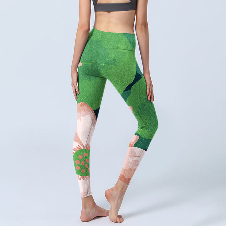 Leggings de sport en lycra imprimé fleur de lotus vert Buddha Stones Pantalon de yoga pour femme - image 5