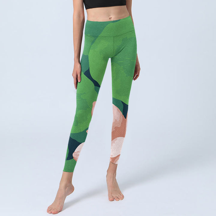 Leggings de sport en lycra imprimé fleur de lotus vert Buddha Stones Pantalon de yoga pour femme - image 5
