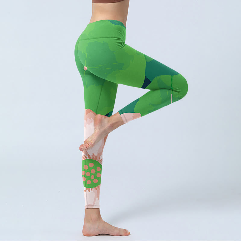 Leggings de sport en lycra imprimé fleur de lotus vert Buddha Stones Pantalon de yoga pour femme - image 4