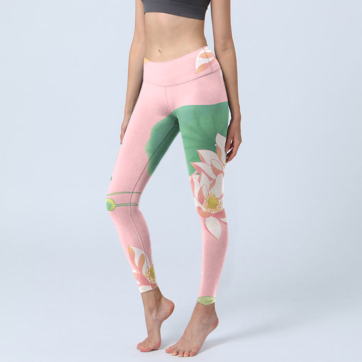 Leggings de fitness en tissu lycra imprimé fleur de lotus rose Buddha Stones Pantalon de yoga pour femme - Rose clair - US18，UK/AU22，EU50 (4XL) - image 0