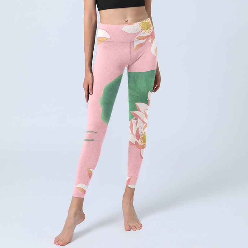 Leggings de fitness en tissu lycra imprimé fleur de lotus rose Buddha Stones Pantalon de yoga pour femme - image 6