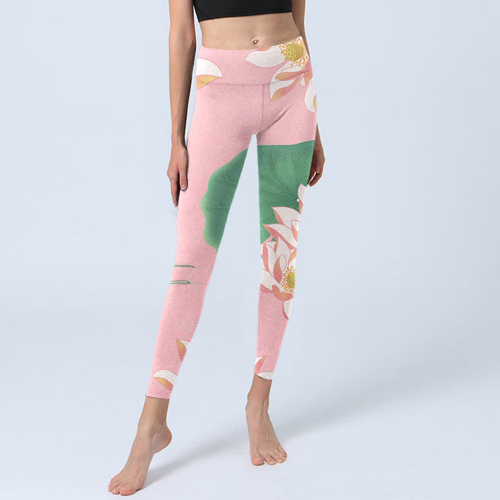Leggings de fitness en tissu lycra imprimé fleur de lotus rose Buddha Stones Pantalon de yoga pour femme - image 6